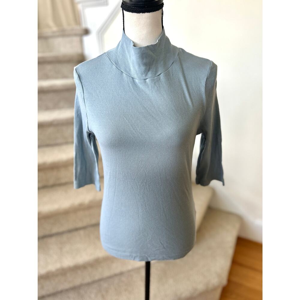 Paper Label Slate Blue Ribbed Mock Neck 3/4 Sleeve Top